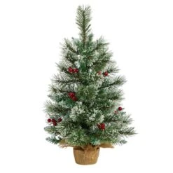 2ft. Pre-Lit Flocked Pine & Berry Artificial Christmas Tree In Burlap Base, Warm White LED Lights -Northlight Sale Store D478872S 3