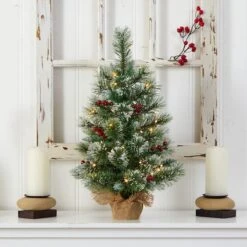 2ft. Pre-Lit Flocked Pine & Berry Artificial Christmas Tree In Burlap Base, Warm White LED Lights -Northlight Sale Store D478872S 4