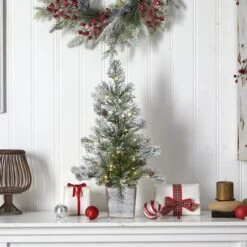 2ft. Pre-Lit Frosted Artificial Christmas Tree In Decorative Planter, Clear Lights -Northlight Sale Store D478947S 7