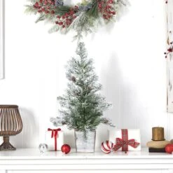 2ft. Pre-Lit Frosted Artificial Christmas Tree In Decorative Planter, Clear Lights -Northlight Sale Store D478947S 8
