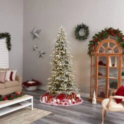 8.5ft. Pre-Lit Slim Flocked Nova Scotia Spruce Artificial Christmas Tree, Warm White LED Lights -Northlight Sale Store D478952S 9