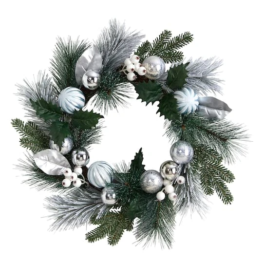 24" Pinecones & Berries Christmas Wreath With Silver Ornaments 2 24" Pinecones & Berries Christmas Wreath With Silver Ornaments - Image 2