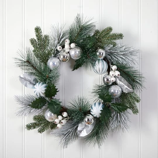 24" Pinecones & Berries Christmas Wreath With Silver Ornaments 4 24" Pinecones & Berries Christmas Wreath With Silver Ornaments - Image 4