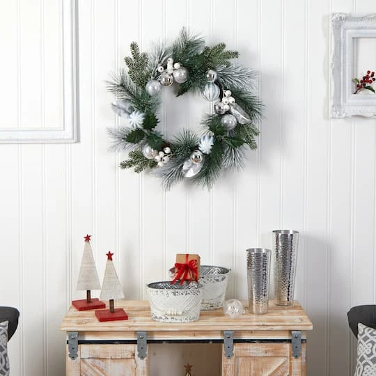 24" Pinecones & Berries Christmas Wreath With Silver Ornaments 5 24" Pinecones & Berries Christmas Wreath With Silver Ornaments - Image 5