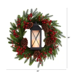 28" Berries & Pine Christmas Wreath With Lantern & Included LED Candle -Northlight Sale Store D478984S 2