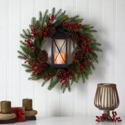 28" Berries & Pine Christmas Wreath With Lantern & Included LED Candle -Northlight Sale Store D478984S 3