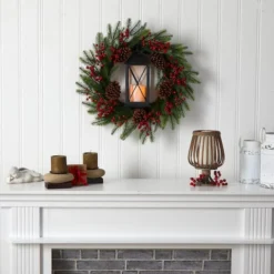 28" Berries & Pine Christmas Wreath With Lantern & Included LED Candle -Northlight Sale Store D478984S 4