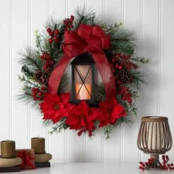 28" Poinsettia & Berry Holiday Lantern Christmas Wreath With LED Candle -Northlight Sale Store D478985S 3