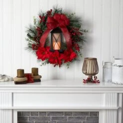 28" Poinsettia & Berry Holiday Lantern Christmas Wreath With LED Candle -Northlight Sale Store D478985S 4