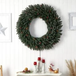 4ft. Clear LED Lights Flocked Artificial Christmas Wreath With Pinecones & Berries -Northlight Sale Store D478994S 7