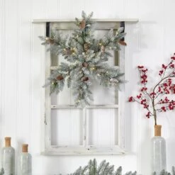30" Pre-Lit Flocked Snowflake Artificial Dunhill Fir Wreath With Pinecones -Northlight Sale Store D478999S 4