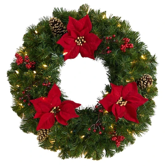 24" White LED Lights Poinsettia, Berry & Pinecone Artificial Wreath 1 24" White LED Lights Poinsettia, Berry & Pinecone Artificial Wreath