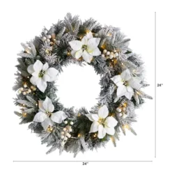 24" White LED Lights Flocked Poinsettia & Pine Artificial Christmas Wreath -Northlight Sale Store D479011S 2