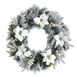 24" White LED Lights Flocked Poinsettia & Pine Artificial Christmas Wreath -Northlight Sale Store D479011S 3
