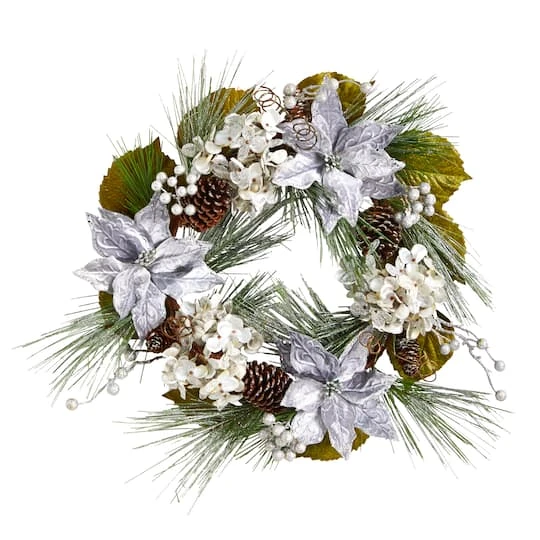 24" Silver Poinsettia, Hydrangea & Pinecones Artificial Christmas Wreath 1 24" Silver Poinsettia, Hydrangea & Pinecones Artificial Christmas Wreath