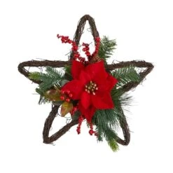 16" Holiday Christmas Poinsettia Star Twig Wreath