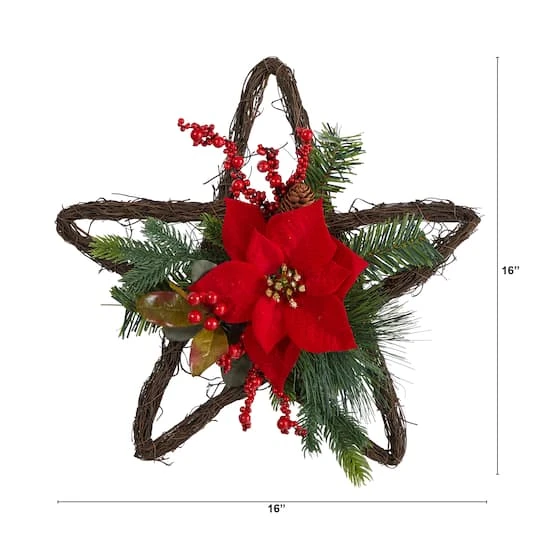 16" Holiday Christmas Poinsettia Star Twig Wreath 3 16" Holiday Christmas Poinsettia Star Twig Wreath - Image 3