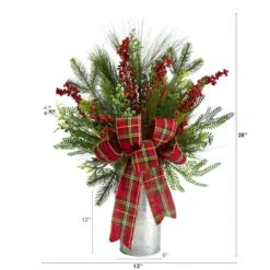 28" Holiday Winter Greenery, Berries & Plaid Bow Artificial Christmas Arrangement -Northlight Sale Store D479069S 2