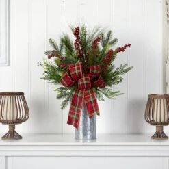 28" Holiday Winter Greenery, Berries & Plaid Bow Artificial Christmas Arrangement -Northlight Sale Store D479069S 3