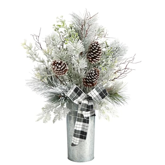 2.5ft. Frosted Greenery & Pinecone With Plaid Bow In Decorative Tin Artificial Christmas Arrangement 2 2.5ft. Frosted Greenery & Pinecone With Plaid Bow In Decorative Tin Artificial Christmas Arrangement - Image 2