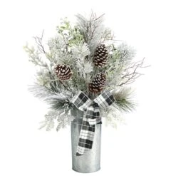 2.5ft. Frosted Greenery & Pinecone With Plaid Bow In Decorative Tin Artificial Christmas Arrangement