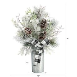 2.5ft. Frosted Greenery & Pinecone With Plaid Bow In Decorative Tin Artificial Christmas Arrangement 7 2.5ft. Frosted Greenery & Pinecone With Plaid Bow In Decorative Tin Artificial Christmas Arrangement -Northlight Sale Store D479070S 2