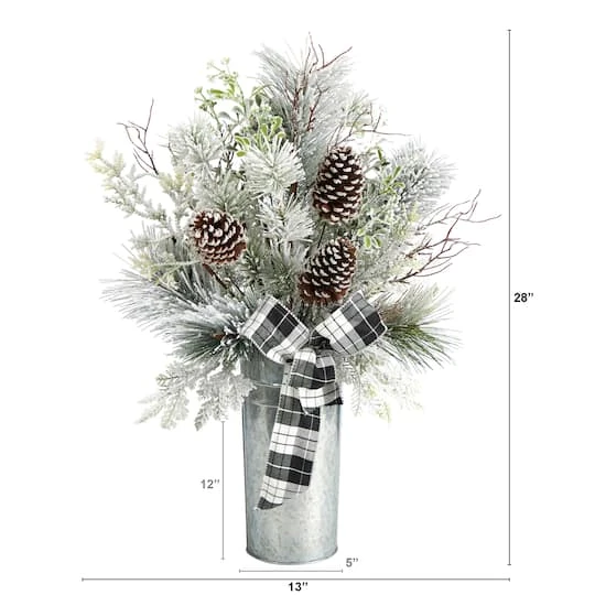2.5ft. Frosted Greenery & Pinecone With Plaid Bow In Decorative Tin Artificial Christmas Arrangement 3 2.5ft. Frosted Greenery & Pinecone With Plaid Bow In Decorative Tin Artificial Christmas Arrangement - Image 3