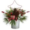 17" Pinecone & Berries Artificial Christmas Arrangement With Decorative Metal Vase & Wire Red Christmas Tree