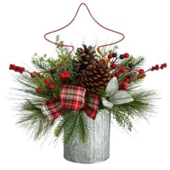 17" Pinecone & Berries Artificial Christmas Arrangement With Decorative Metal Vase & Wire Red Christmas Tree