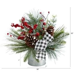 12" Frosted Pinecones & Berries Artificial Arrangement In Vase With Decorative Plaid Bow -Northlight Sale Store D479072S 2