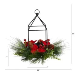 14" Christmas Poinsettia, Berry & Pinecone Metal Candle Holder Artificial Table Arrangement -Northlight Sale Store D479077S 2