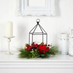 14" Christmas Poinsettia, Berry & Pinecone Metal Candle Holder Artificial Table Arrangement -Northlight Sale Store D479077S 3