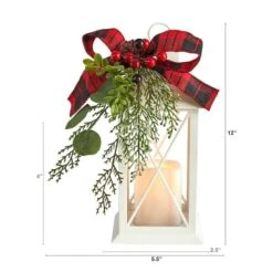 12" White Lantern With Berries, Pine & Plaid Bow Artificial Christmas Table Arrangement With LED Candle -Northlight Sale Store D479079S 2