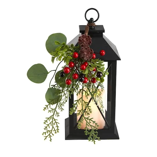 12" Berries & Greenery Metal Lantern Artificial Table Christmas Arrangement With LED Candle 2 12" Berries & Greenery Metal Lantern Artificial Table Christmas Arrangement With LED Candle - Image 2