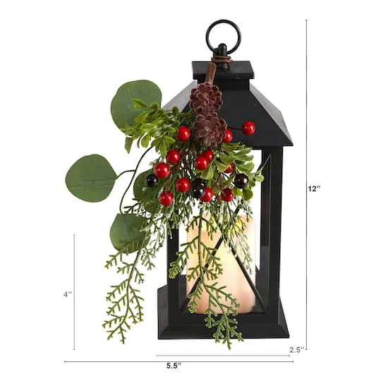 12" Berries & Greenery Metal Lantern Artificial Table Christmas Arrangement With LED Candle 4 12" Berries & Greenery Metal Lantern Artificial Table Christmas Arrangement With LED Candle - Image 4