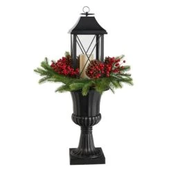 33" Greenery, Berries & Pinecones In Decorative Urn With Large Lantern And LED Candle Artificial Christmas Décor