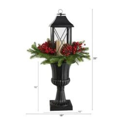 33" Greenery, Berries & Pinecones In Decorative Urn With Large Lantern And LED Candle Artificial Christmas Décor -Northlight Sale Store D479081S 2