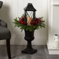 33" Greenery, Berries & Pinecones In Decorative Urn With Large Lantern And LED Candle Artificial Christmas Décor -Northlight Sale Store D479081S 3