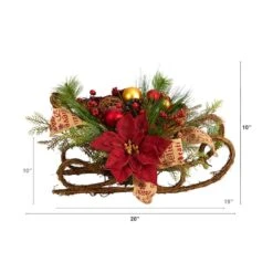 18" Christmas Sleigh With Poinsettia, Berries & Pinecone Artificial Arrangement With Ornaments -Northlight Sale Store D479083S 2