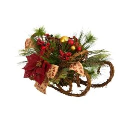 18" Christmas Sleigh With Poinsettia, Berries & Pinecone Artificial Arrangement With Ornaments -Northlight Sale Store D479083S 3
