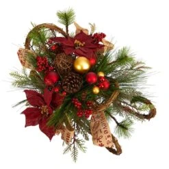 18" Christmas Sleigh With Poinsettia, Berries & Pinecone Artificial Arrangement With Ornaments -Northlight Sale Store D479083S 4
