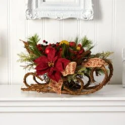 18" Christmas Sleigh With Poinsettia, Berries & Pinecone Artificial Arrangement With Ornaments -Northlight Sale Store D479083S 5