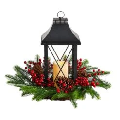 16" Christmas Berries, Pinecones & Greenery With Lantern And LED Candle Artificial Table Arrangement