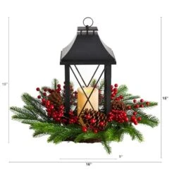 16" Christmas Berries, Pinecones & Greenery With Lantern And LED Candle Artificial Table Arrangement -Northlight Sale Store D479084S 2