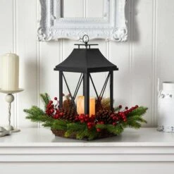 16" Christmas Berries, Pinecones & Greenery With Lantern And LED Candle Artificial Table Arrangement -Northlight Sale Store D479084S 3