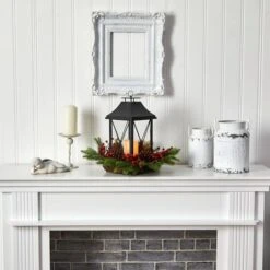 16" Christmas Berries, Pinecones & Greenery With Lantern And LED Candle Artificial Table Arrangement -Northlight Sale Store D479084S 4