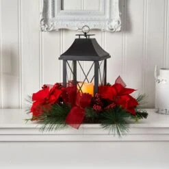 15" Red Poinsettia, Pinecone & Greenery Lantern With LED Candle Artificial Christmas Arrangement -Northlight Sale Store D479085S 3