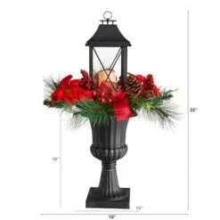 33" Christmas Berries & Poinsettia With Large Lantern & LED Candle In Decorative Urn -Northlight Sale Store D479087S 2