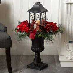 33" Christmas Berries & Poinsettia With Large Lantern & LED Candle In Decorative Urn -Northlight Sale Store D479087S 3
