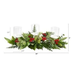 20" Winter Greenery & Berries Triple Candle Holder Christmas Table Arrangement -Northlight Sale Store D479088S 2